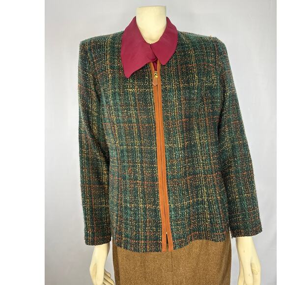 Vintage M.H.M. Melissa Harper collarless brown plaid woven blazer size 14 - Picture 2 of 11